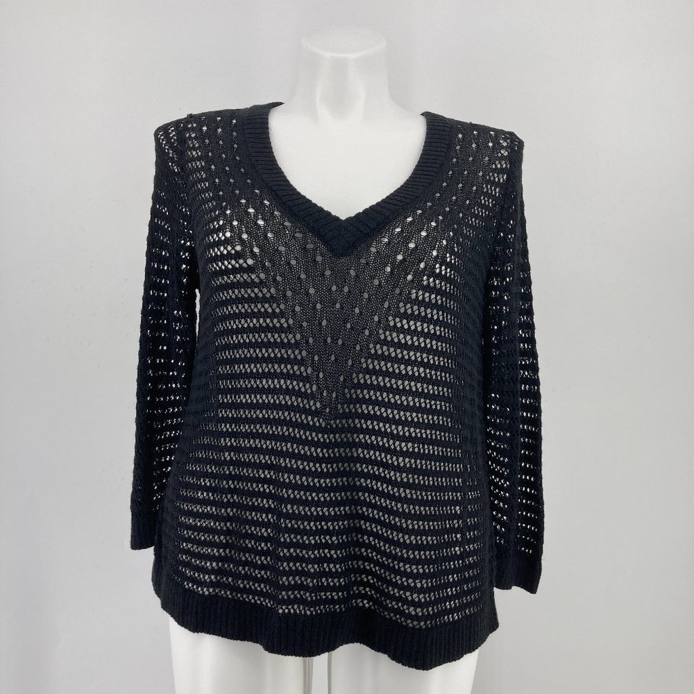New Torrid Sweater Black Open Stitch Pointelle V Neck Crop Pullover Size 2